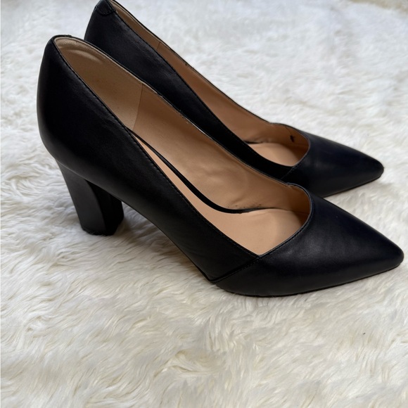 Franco Sarto Abree Black Leather Pumps Size 9 Chunky Block Heel Pointy Toe - Picture 1 of 10